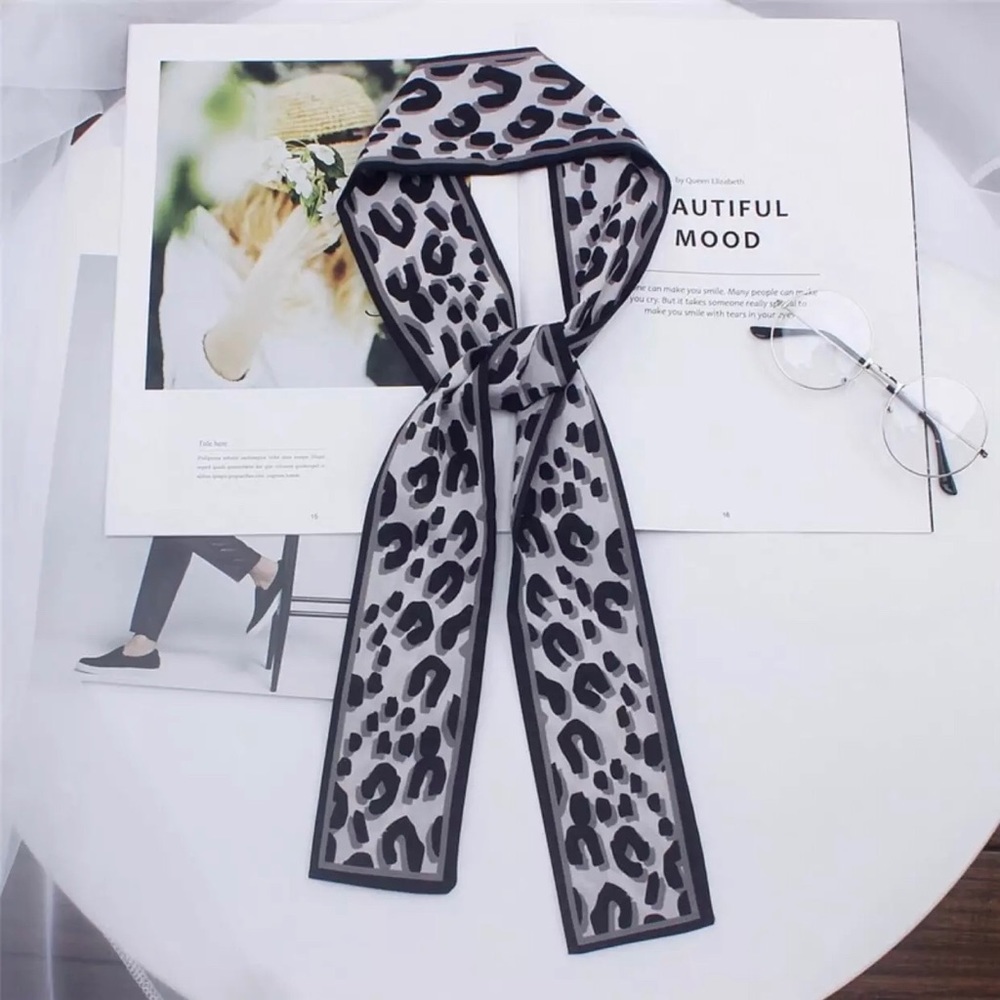 Skinny Gray Black Leopard Print Silk Scarf Tie Bag, Belt, Headband NEW
